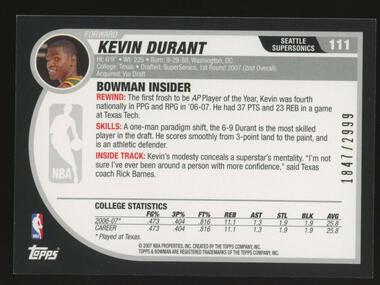 2007-08 Bowman #111 Kevin Durant RC Rookie #1847/2999 Supersonics OKC Nets