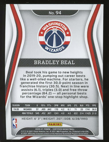 2020-21 Panini Certified Mirror Gold #94 Bradley Beal #04/10 Washington Wizards