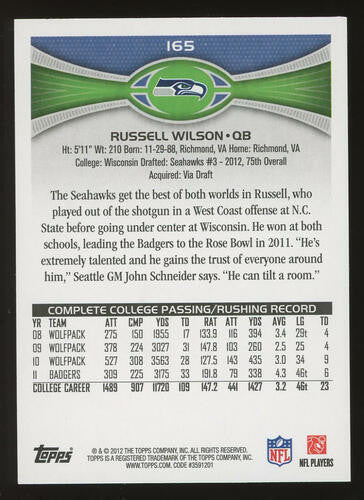 2012 Topps Flagship #165 Russell Wilson RC Rookie Seattle Seahawks Superstar QB
