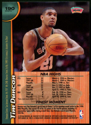 1998-99 Topps Finest Tim Duncan Refractor with Coating #190
