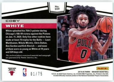 2019-20 Panini Obsidian Coby White Purple Electric Auto Patch RC RPA /75 #209