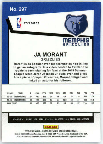 2019-20 Panini NBA Hoops Premium Stock Ja Morant Red Cracked Ice Prizm RC #297