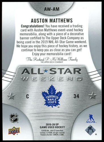 2019-20 UD SP Auston Matthews All Star Jersey & Banner Dual Patch #AW-AM
