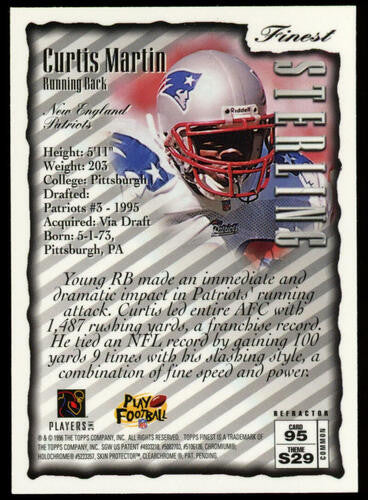1996 Topps Finest Sterling Curtis Martin Refractor w/ Coating #95