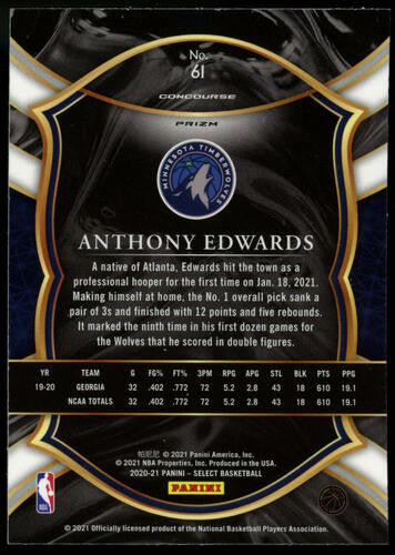 2020-21 Panini Select Anthony Edwards Silver Prizm RC #61