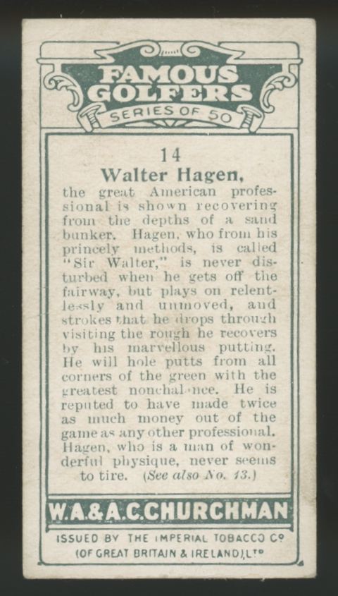1927 W.A. & A.C. Churchman Walter Hagen Famous Golfers Small #14 VG-EX "A"