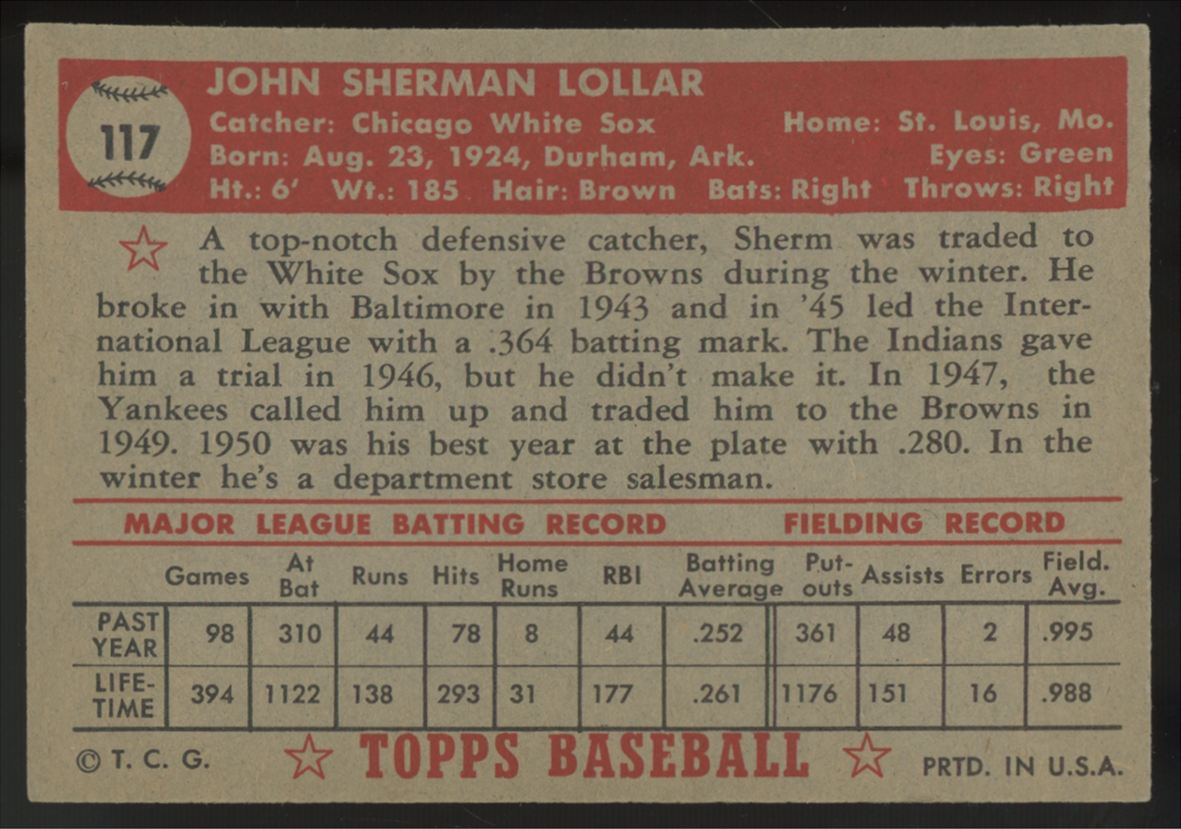 1952 Topps Sherman Lollar #117 EX/MT (Centered)