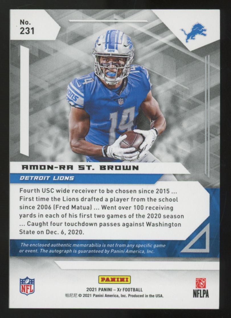2021 Panini XR Amon-Ra St. Brown RC Triple Patch Auto Red RPA /75 #231
