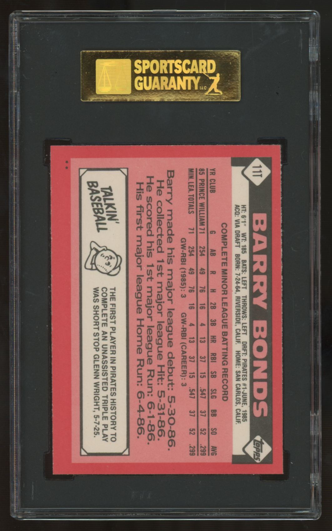 1986 Topps Traded Barry Bonds RC #11T SGC 8.5 *007