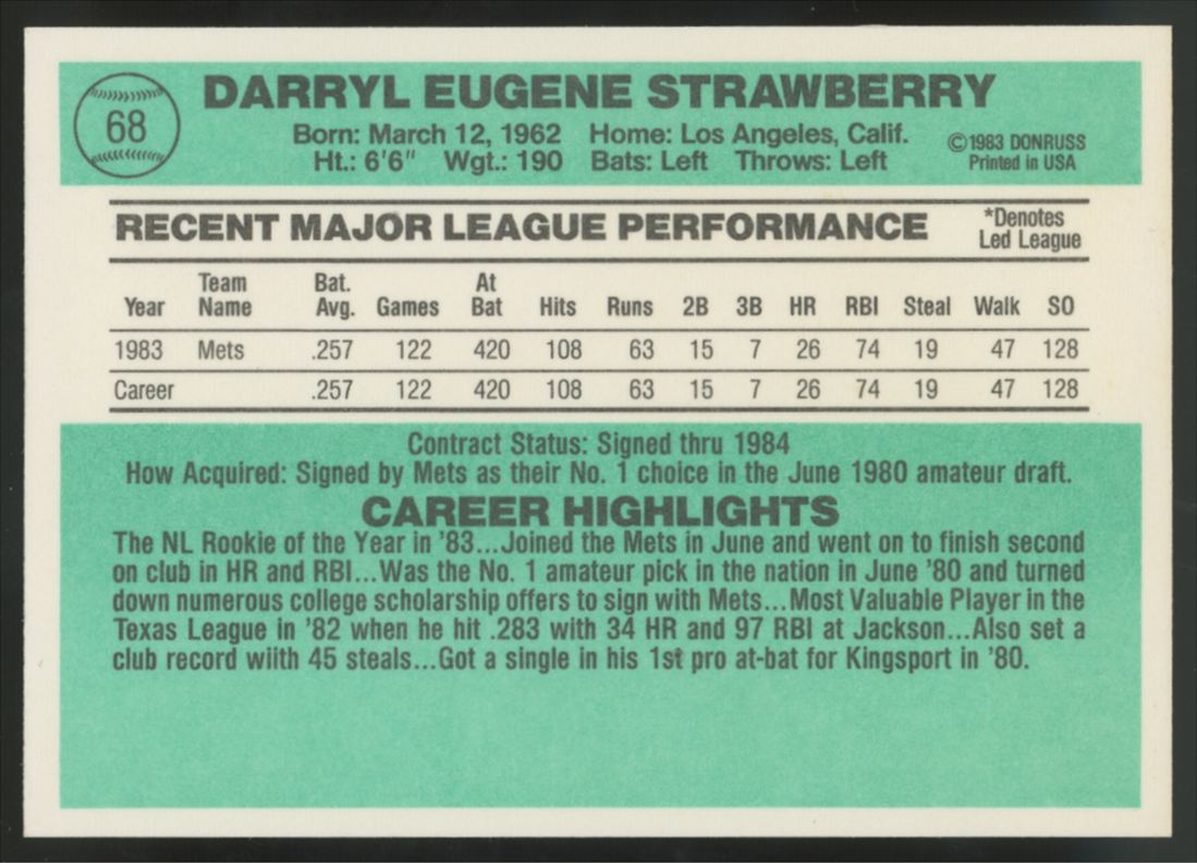1984 Donruss Darryl Strawberry RC #68 NM-MT "A"