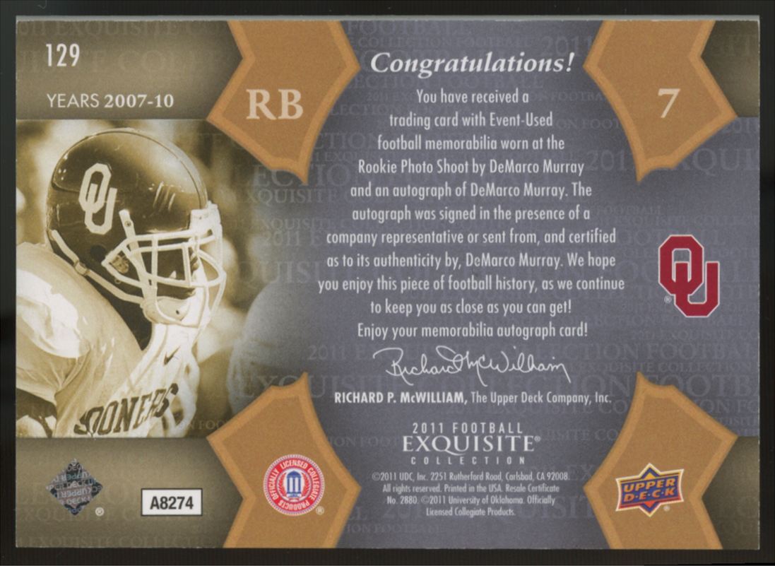 2011 Upper Deck Exquisite DeMarco Murray RC Patch Auto RPA Gold /135 #129