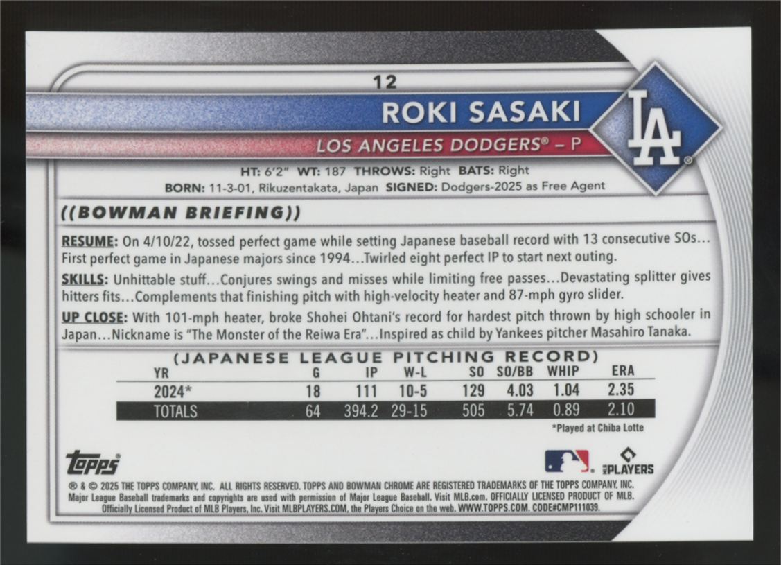 2025 Bowman Chrome Mega Roki Sasaki Orange Refractor /25 #12