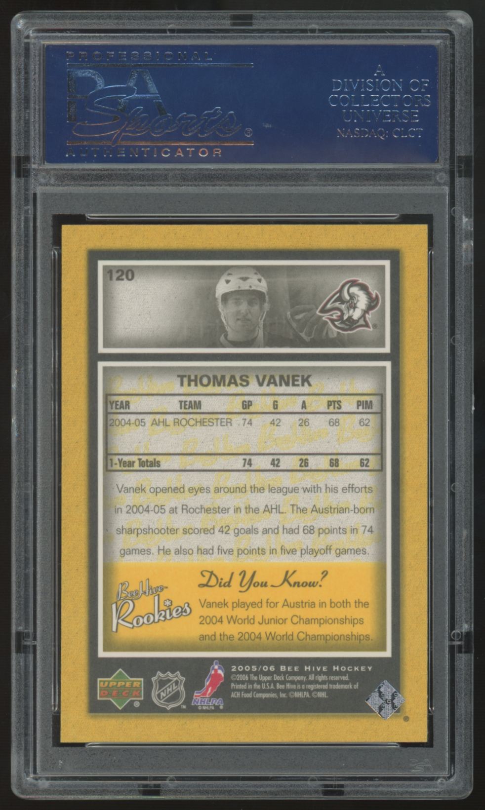 2005-06 Upper Deck Beehive Thomas Vanek RC #120 PSA 10