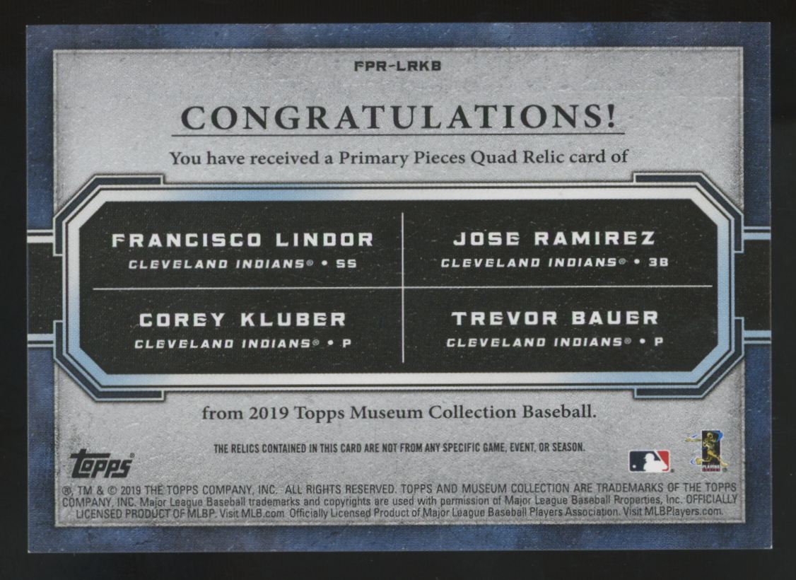2019 Museum Collection Lindor/Ramirez/Kluber/Bauer Primary Pieces Quad Patch /99