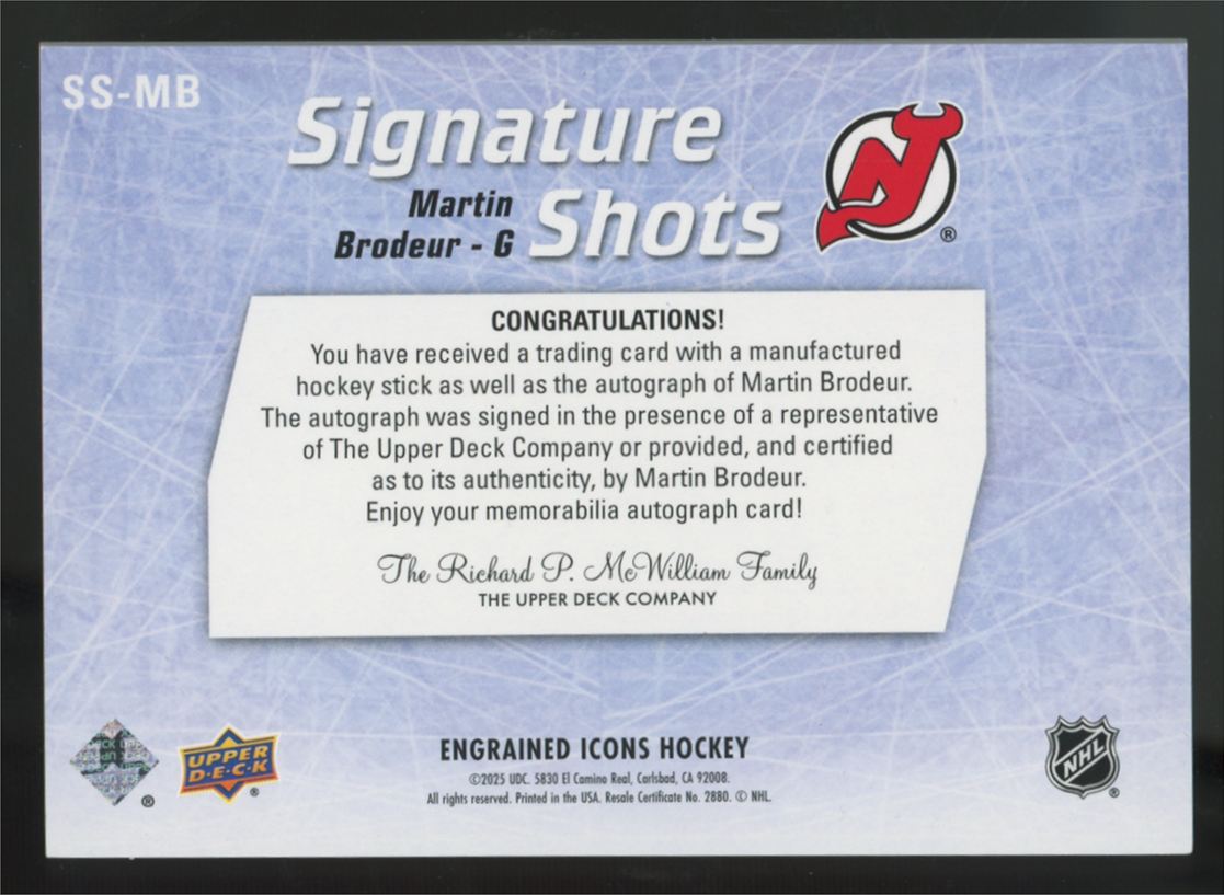 2024-25 UD Engrained Icons Martin Brodeur Signature Shots Red Ink Auto Relic