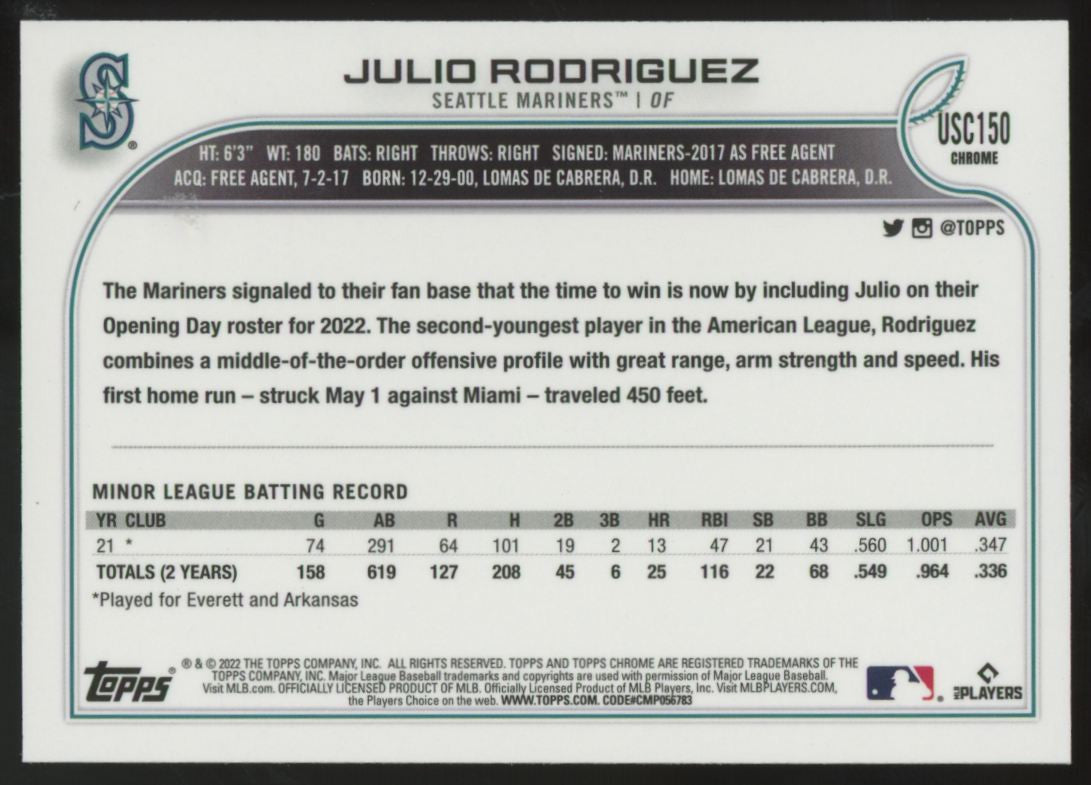 2022 Topps Chrome Update Julio Rodriguez RC Purple Refractor #USC150