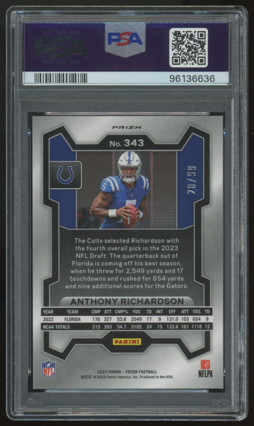 2023 Panini Prizm Anthony Richardson RC Blue Ice /99 #343 PSA 10