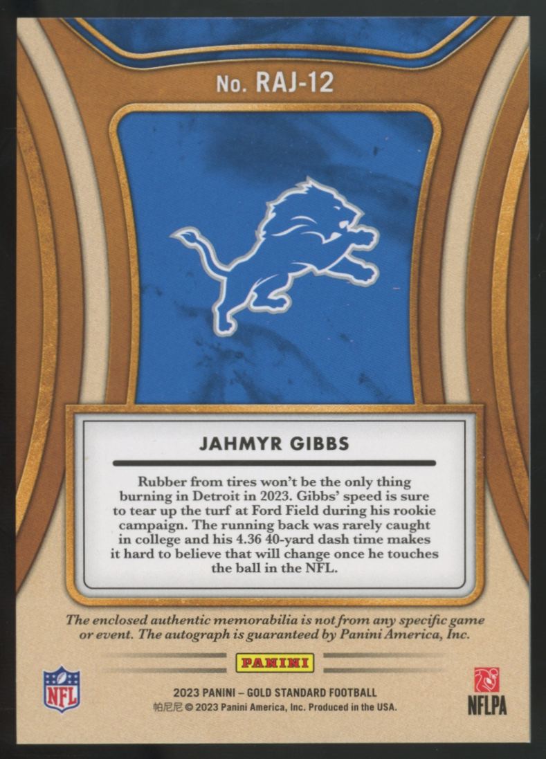 2023 Panini Gold Standard Jahmyr Gibbs RC Jumbo Patch Auto RPA /149 #RAJ-12