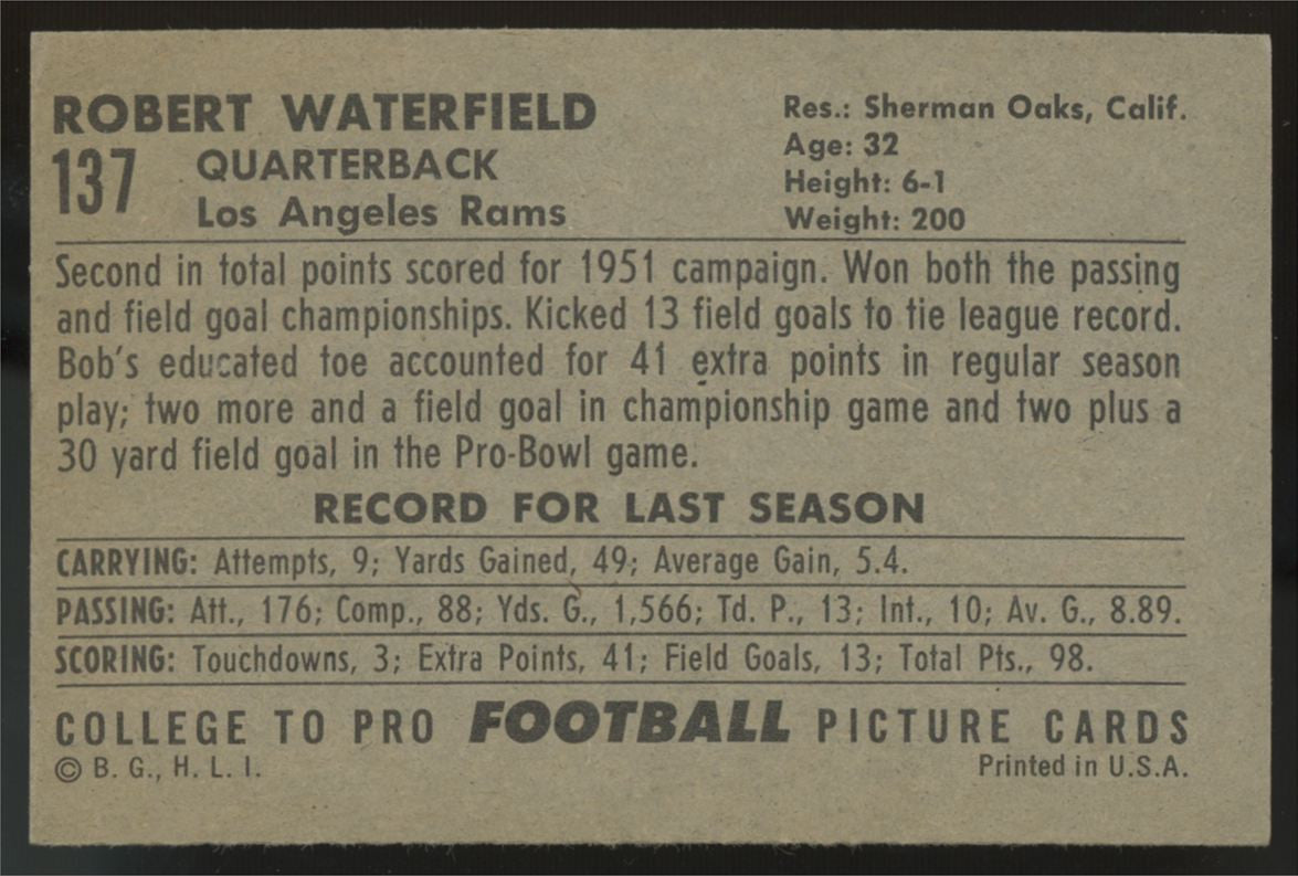 1952 Bowman Large Bob Waterfield #137 VG - VG/EX (Wrinkle)
