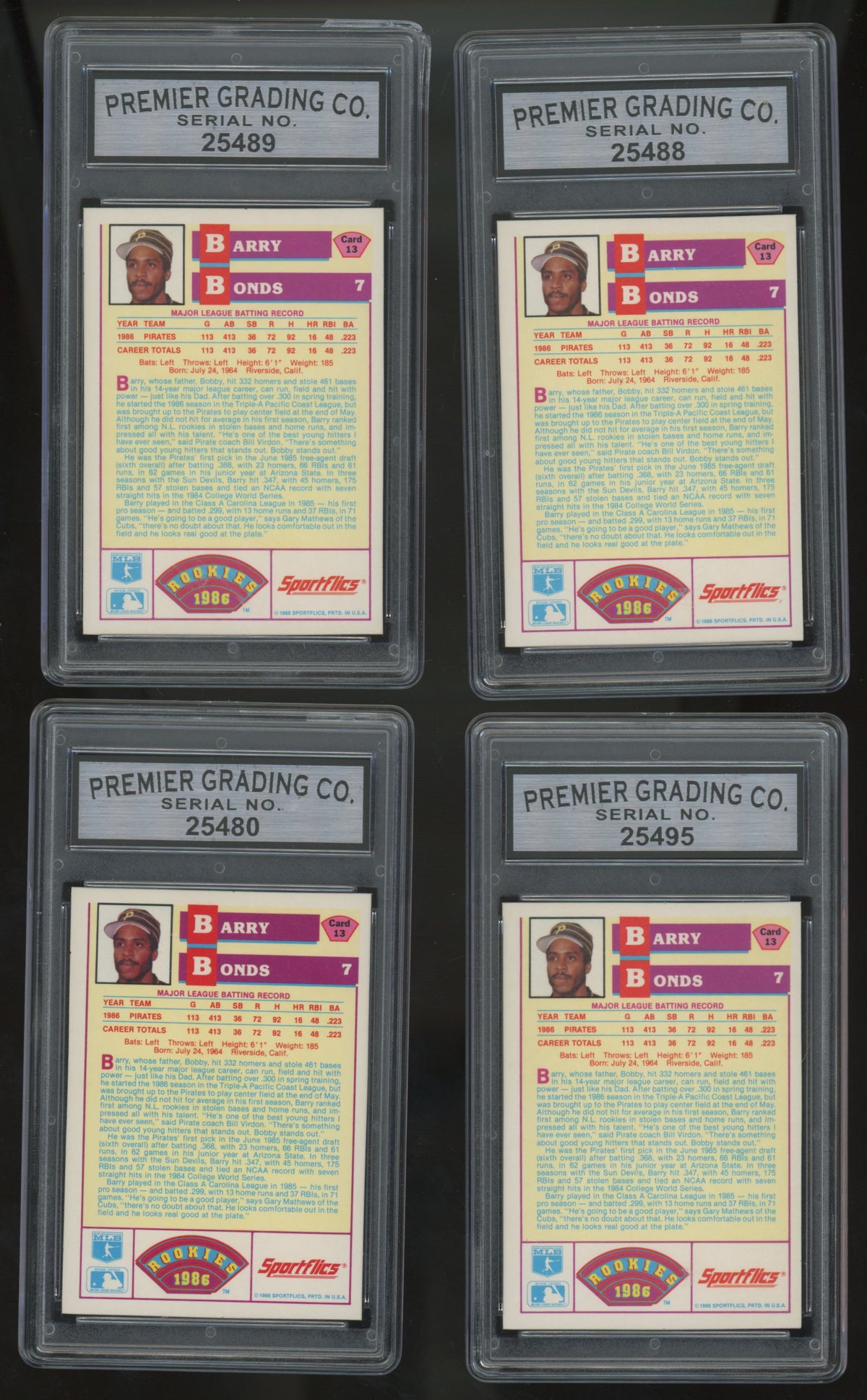 1986 Sportflics Rookies Barry Bonds RC #13 PGC 8-8.5/ PRO 9 /USA 9 (Lot Of 10)