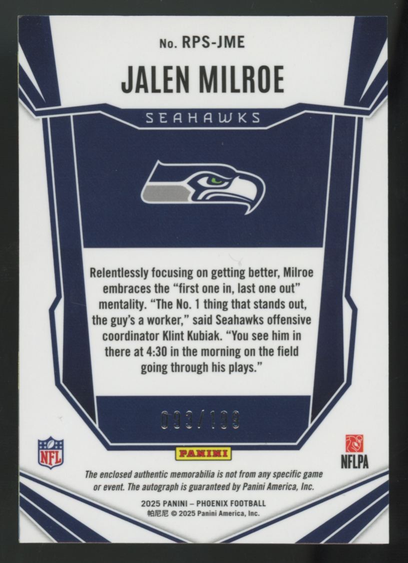 2025 Panini Phoenix Jalen Milroe RC Bronze Pandora Phenom Patch Auto RPA /199