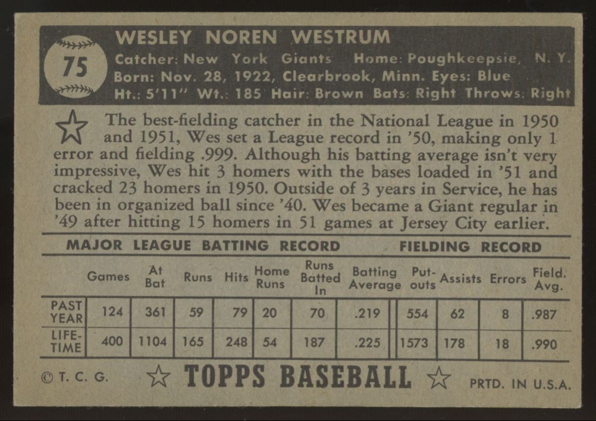 1952 Topps Wes Westrum Black Back #75 VG/EX