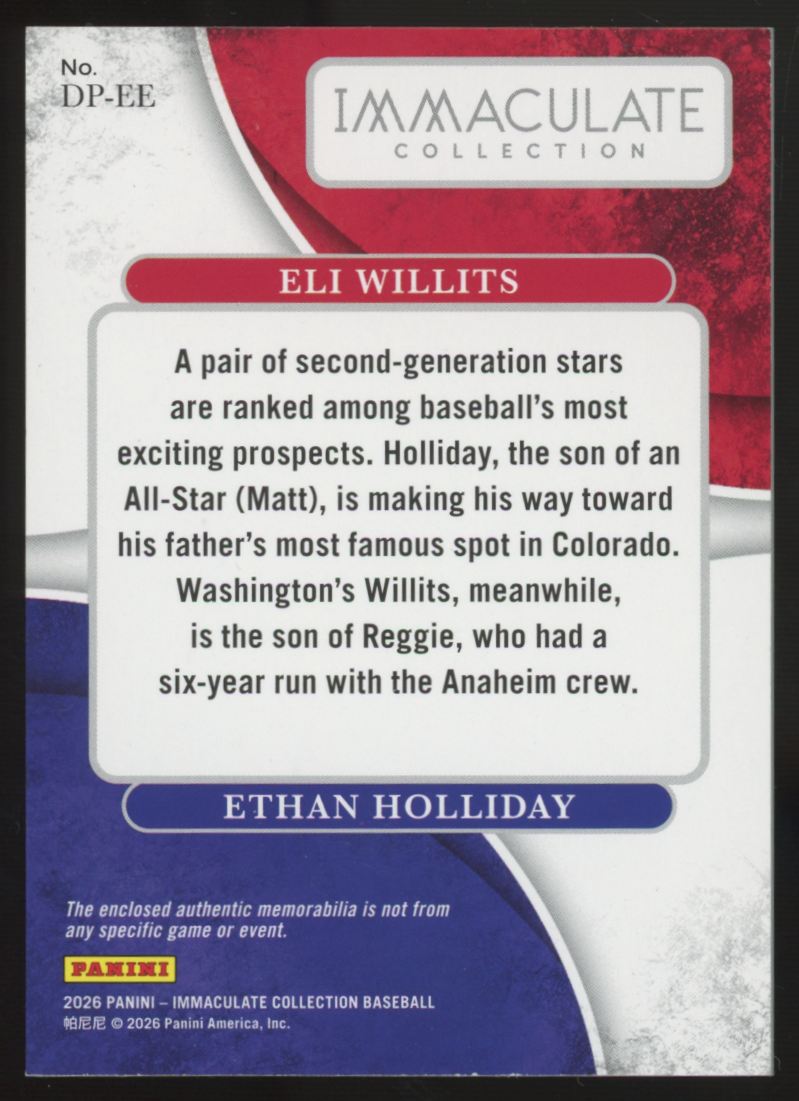 2026 Immaculate Eli Willits / Ethan Holliday Prospect Dual Patch /99 #DP-EE