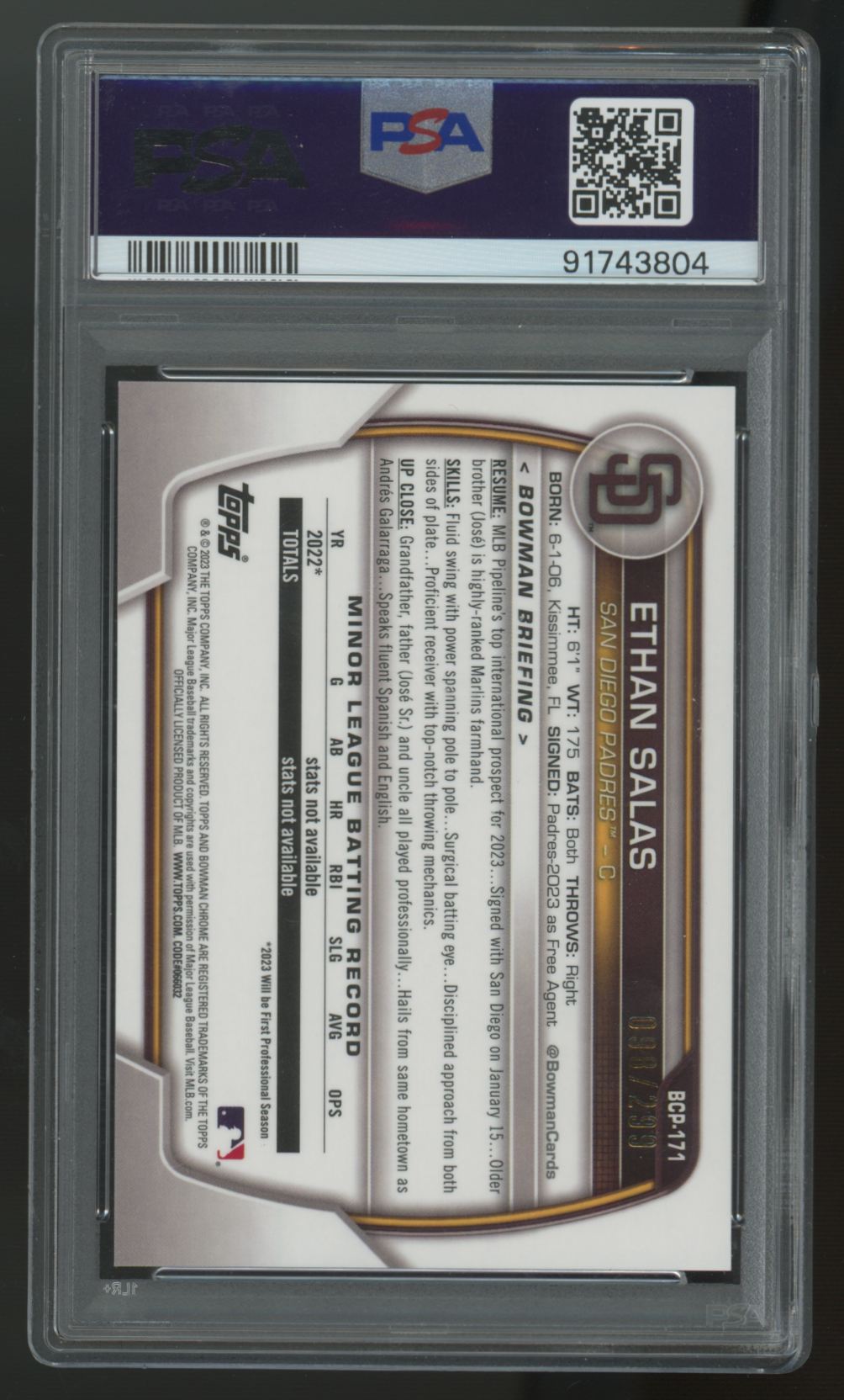 2023 Bowman Chrome Mega Ethan Salas 1st Purple /299 #BCP-171 PSA 10