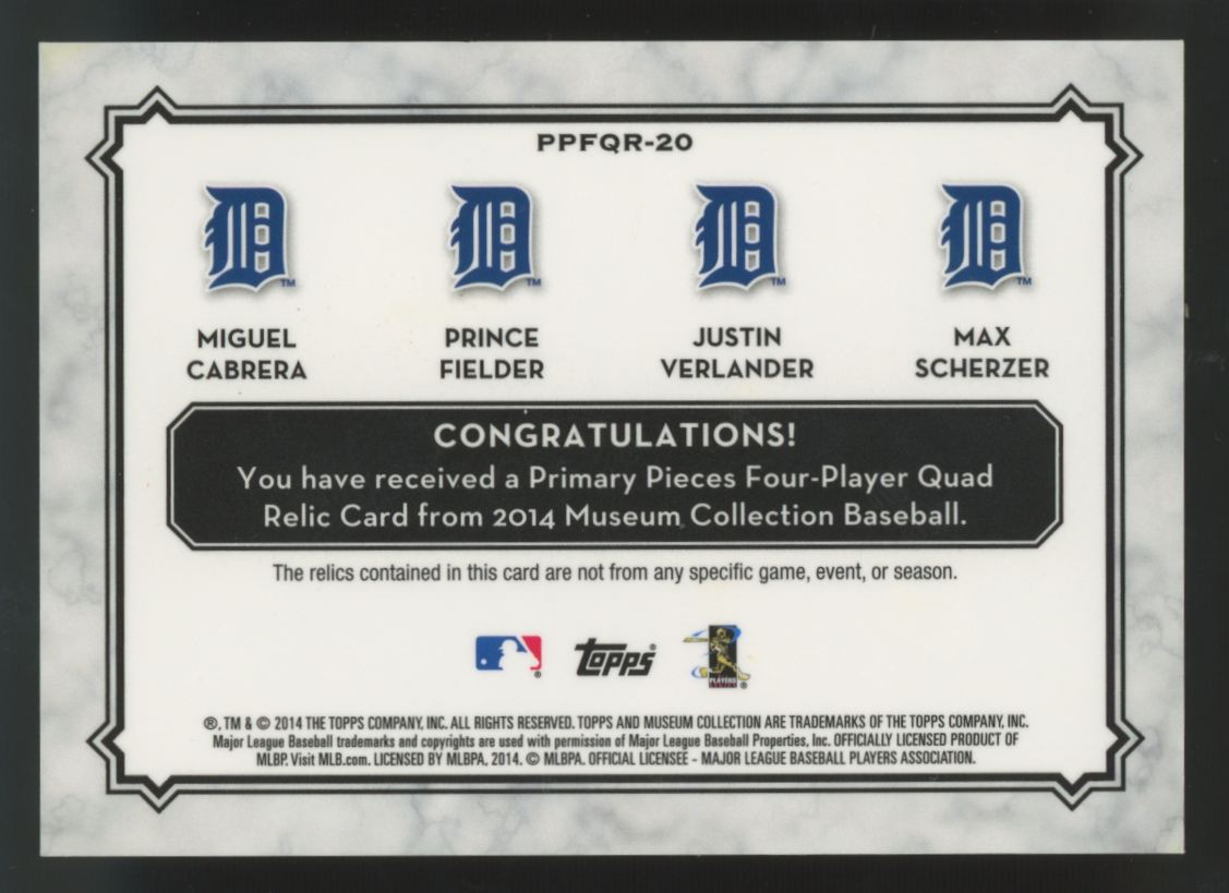 2014 Topps Museum Cabrera/Fielder/Verlander/Scherzer Quad Primary Relic /99