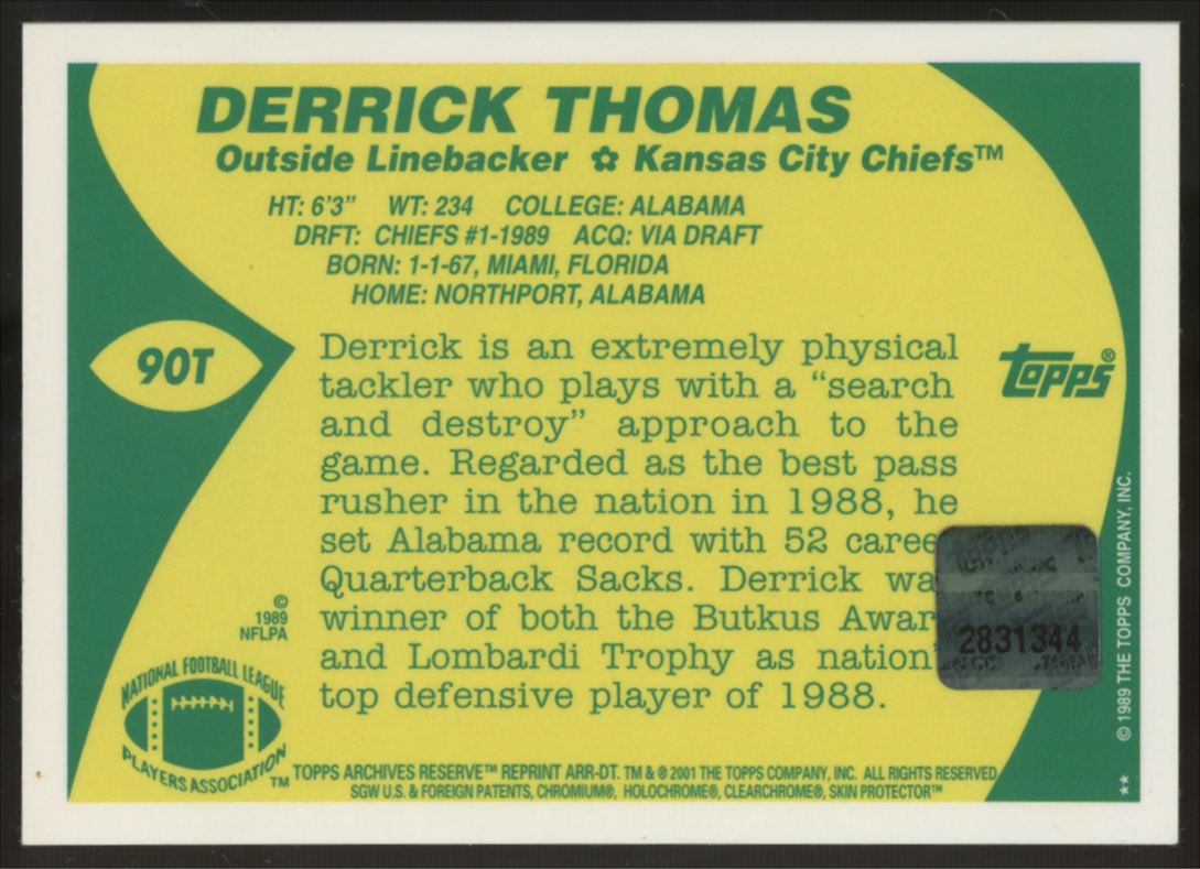2001 Topps Archives Reserve Derrick Thomas Rookie Reprint Patch #90T