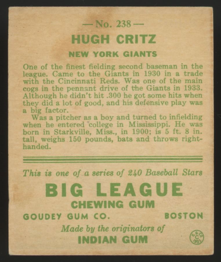 1933 Goudey Hugh Critz #238 VG