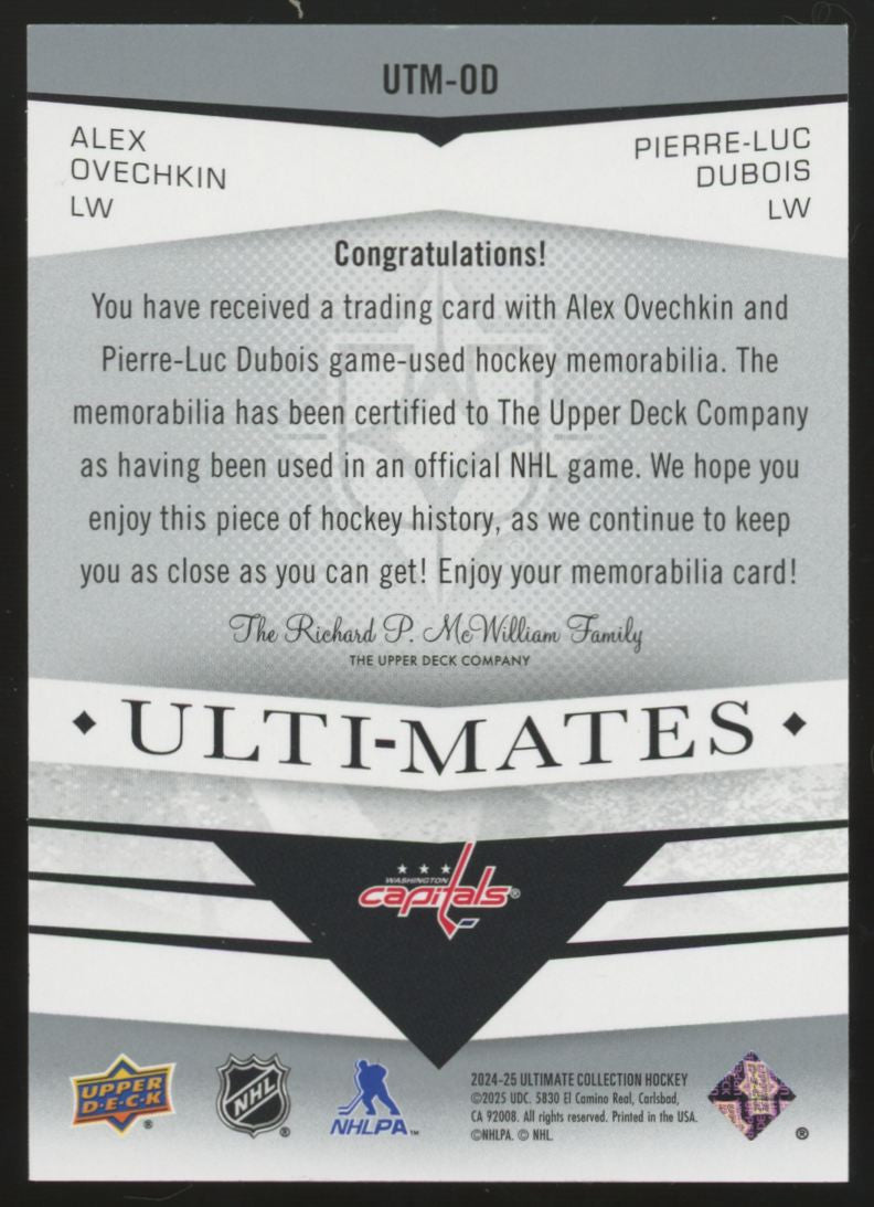 2024-25 UD Ultimate Collection Ovechkin/Dubois Ulti-Mates Dual Patch #UTM-OD