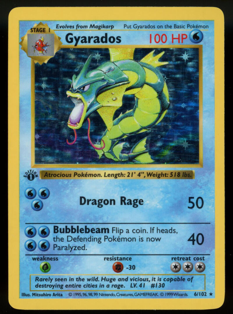 1999 Pokemon Shadowless Gyarados Base Set 1st Edition Holofoil LP 6/102