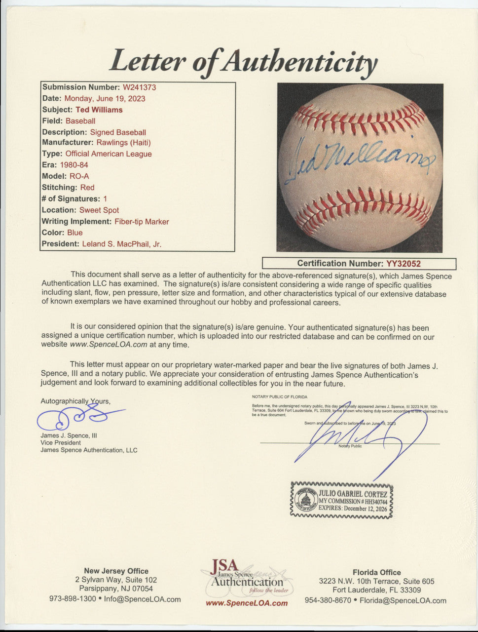 Ted Williams Signed Autographed Rawlings OAL Baseball Sharpie JSA Letter