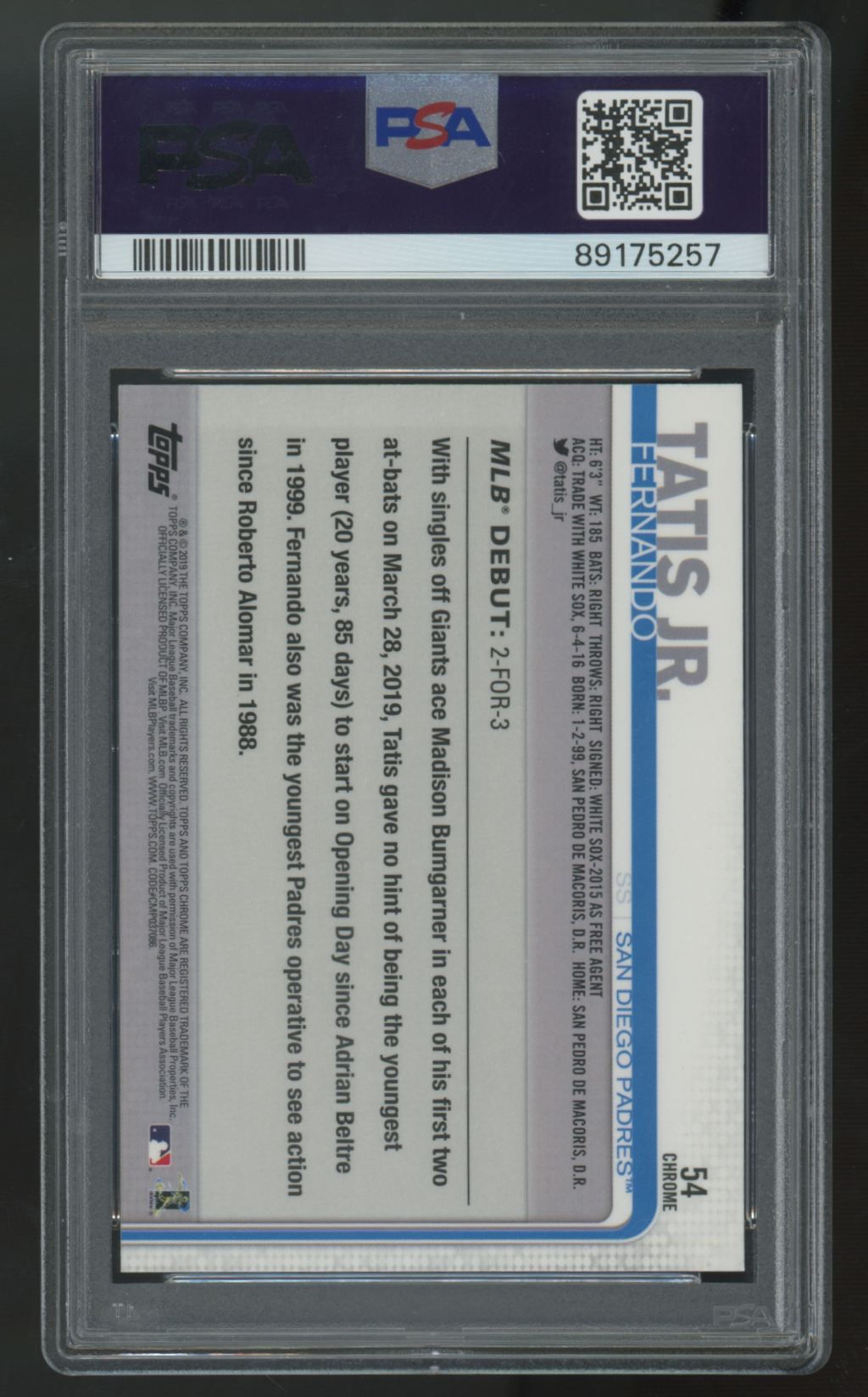 2019 Topps Chrome Fernando Tatis Jr. RC Update #54 PSA 9 *257