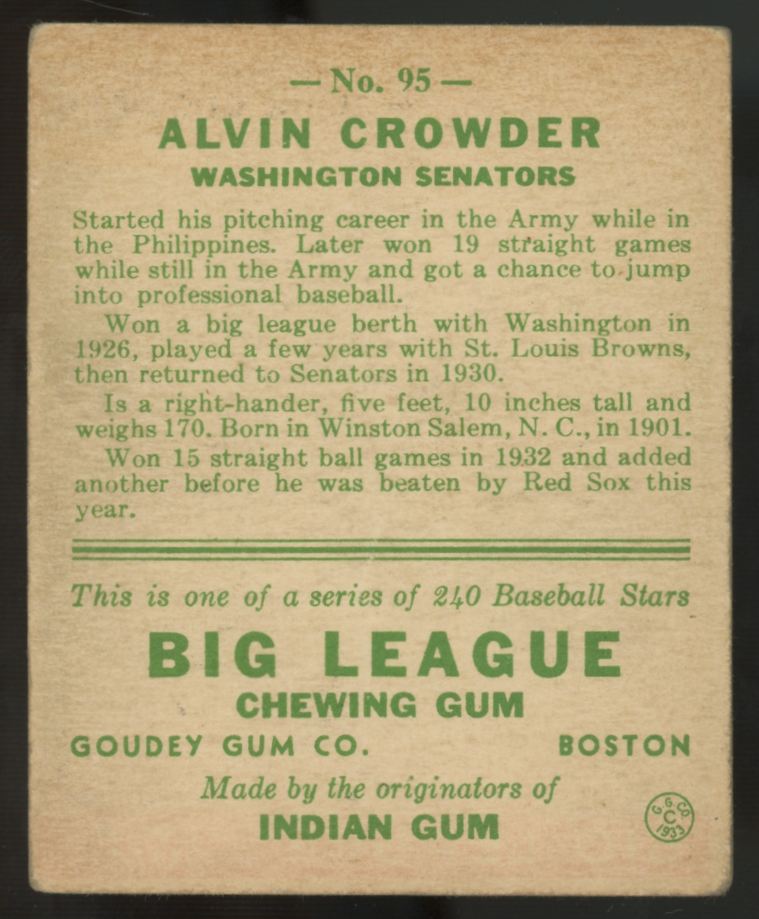 1933 Goudey Alvin Crowder #95 VG