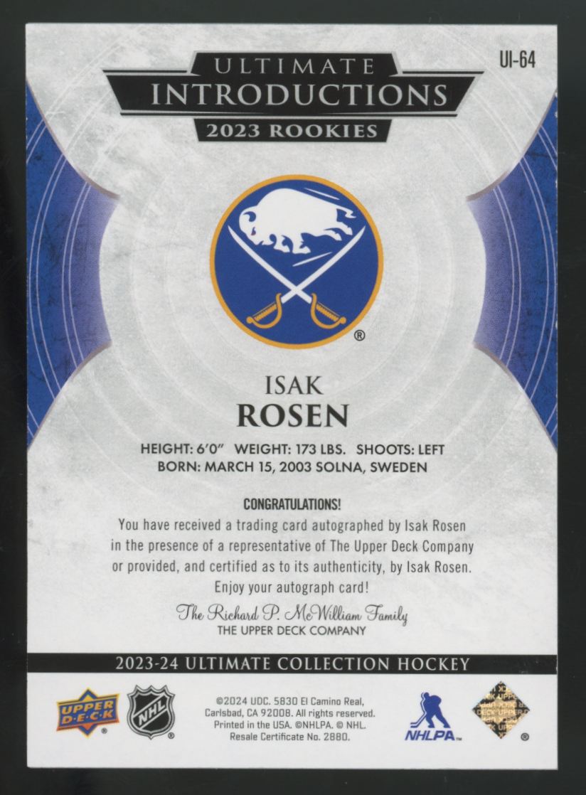 2023-24 Upper Deck Ultimate Isak Rosen RC Gold Introductions Auto /50 #UI-64