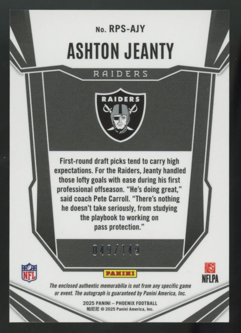 2025 Panini Phoenix Ashton Jeanty RC Silver Patch Auto RPA /149 #RPS-AJY