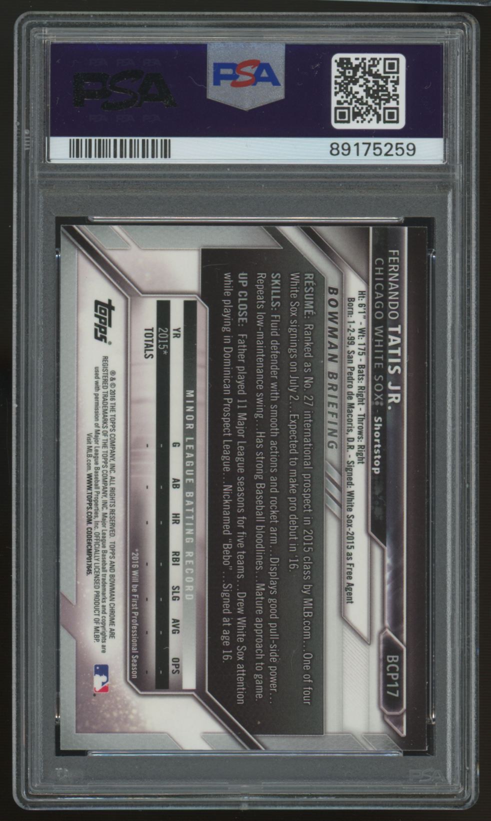 2016 Bowman Chrome Fernando Tatis Jr. 1st Prospect #BCP17 PSA 9
