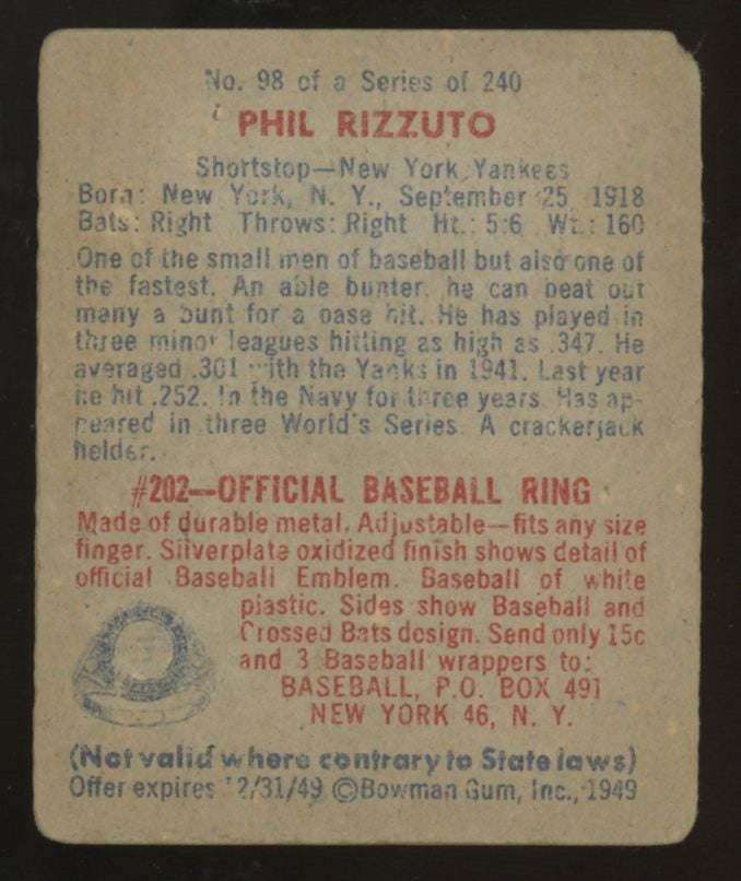 1949 Bowman Phil Rizzuto No Name On Front #98 Fair