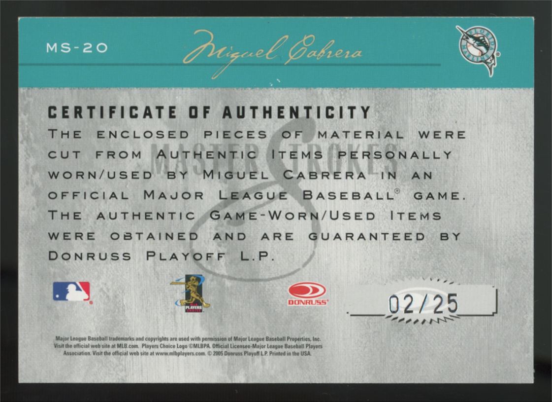 2005 Donruss Studios Miguel Cabrera Master Strokes Dual Patch Auto /25 #MS-20