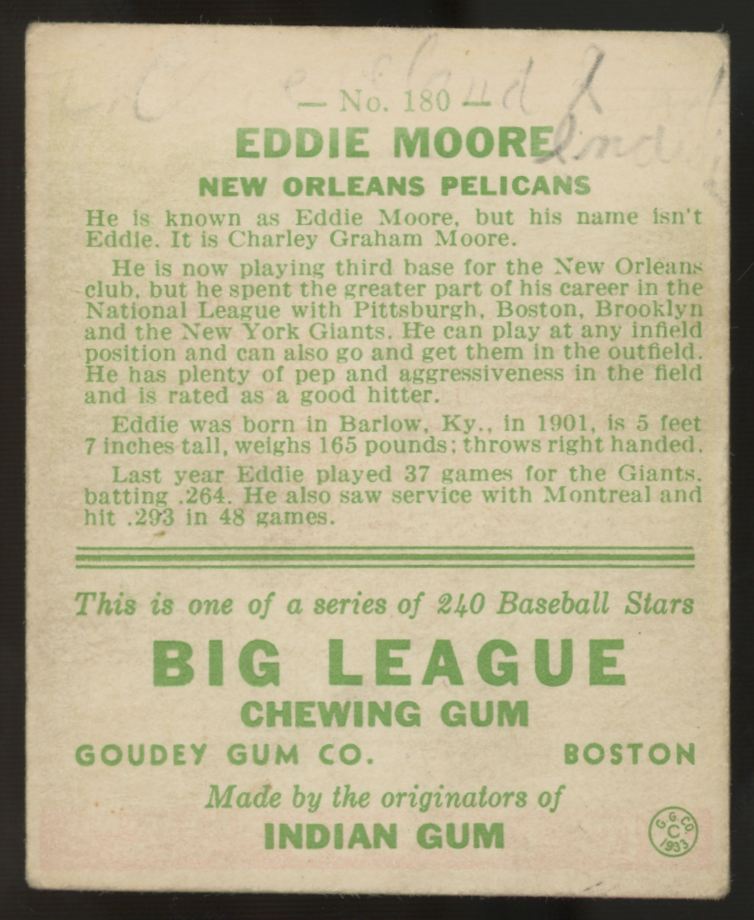1933 Goudey Eddie Moore #180 Poor (Writing)