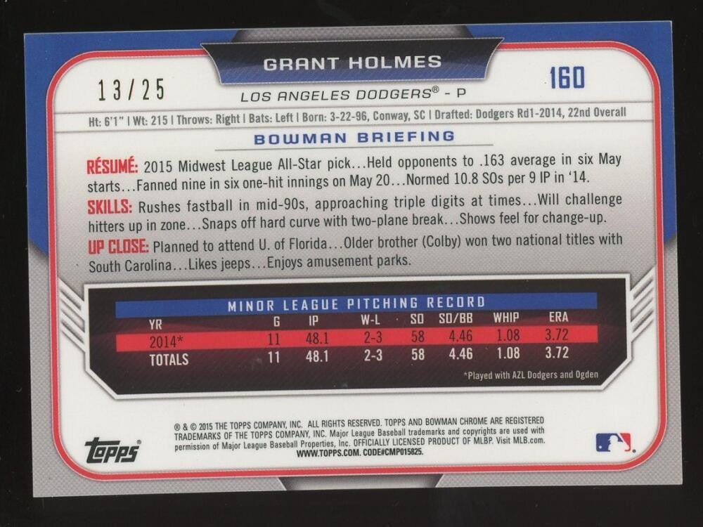 2015 Bowman Draft Chrome Orange Refractor #160 Grant Holmes #13/25 Dodgers