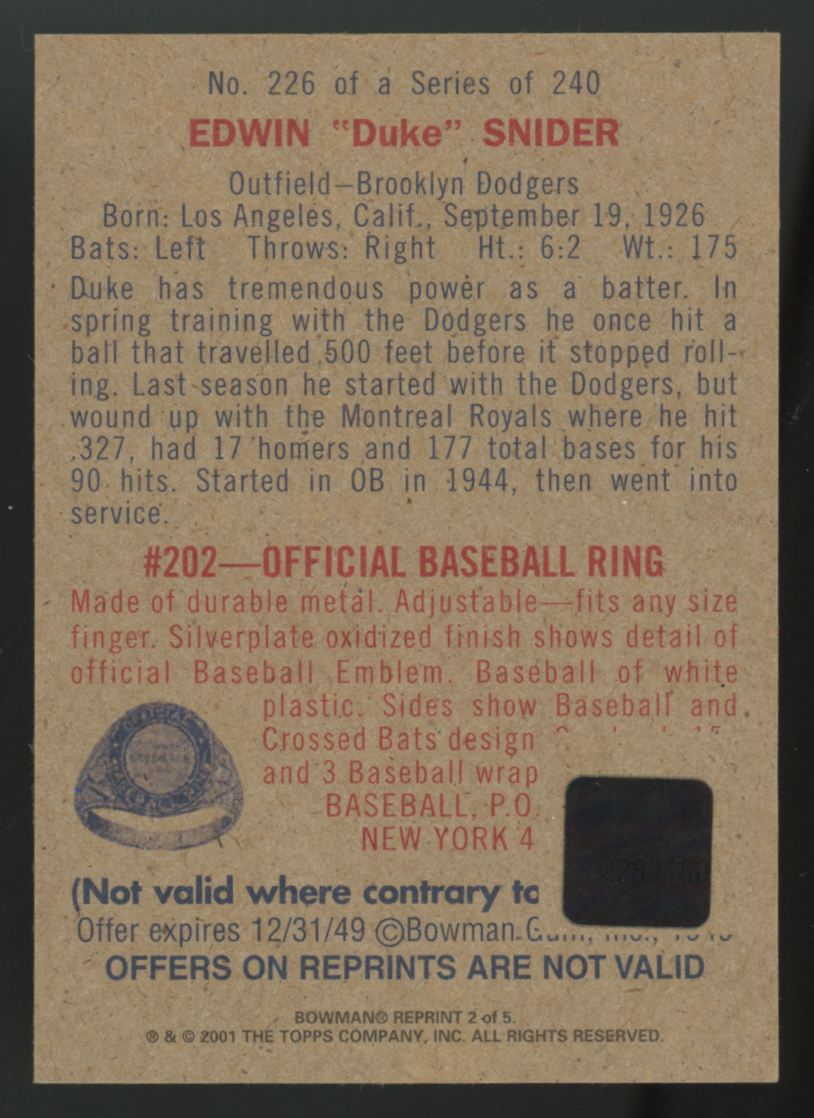 2001 Bowman Duke Snider 1949 Rookie Reprint Bat Relic #226
