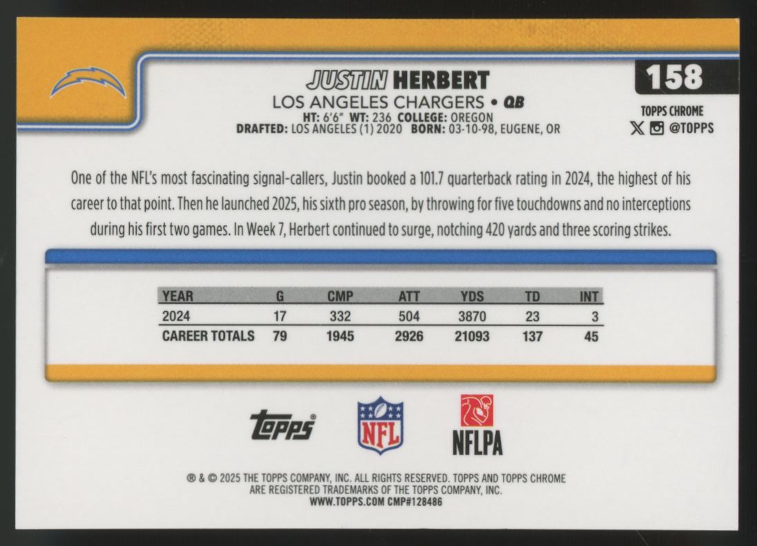 2025 Topps Chrome Sapphire Justin Herbert Image Variation SSP #158 "A"
