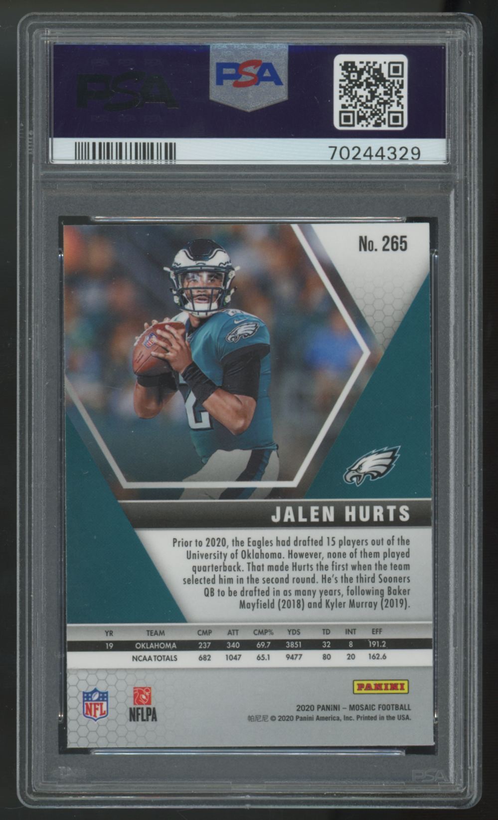 2020 Panini Mosaic Jalen Hurts RC Debut #265 PSA 9