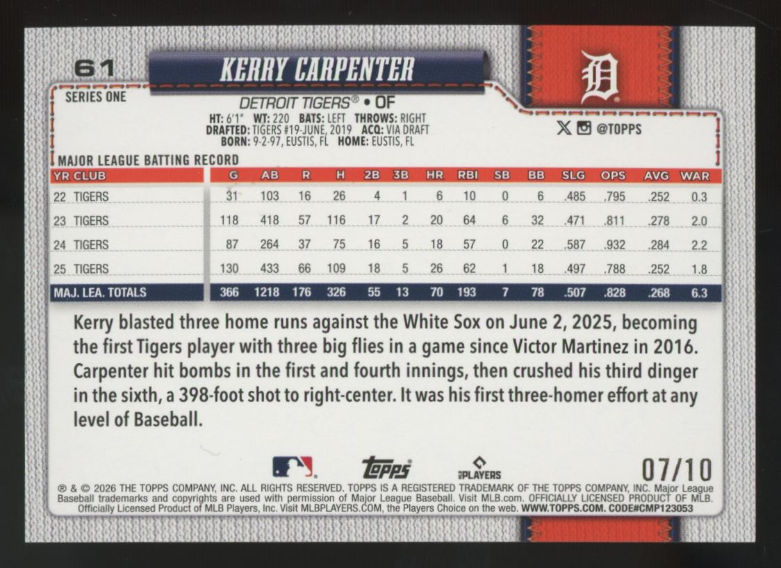 2026 Topps Series One Kerry Carpenter Black Sandglitter /10 #61