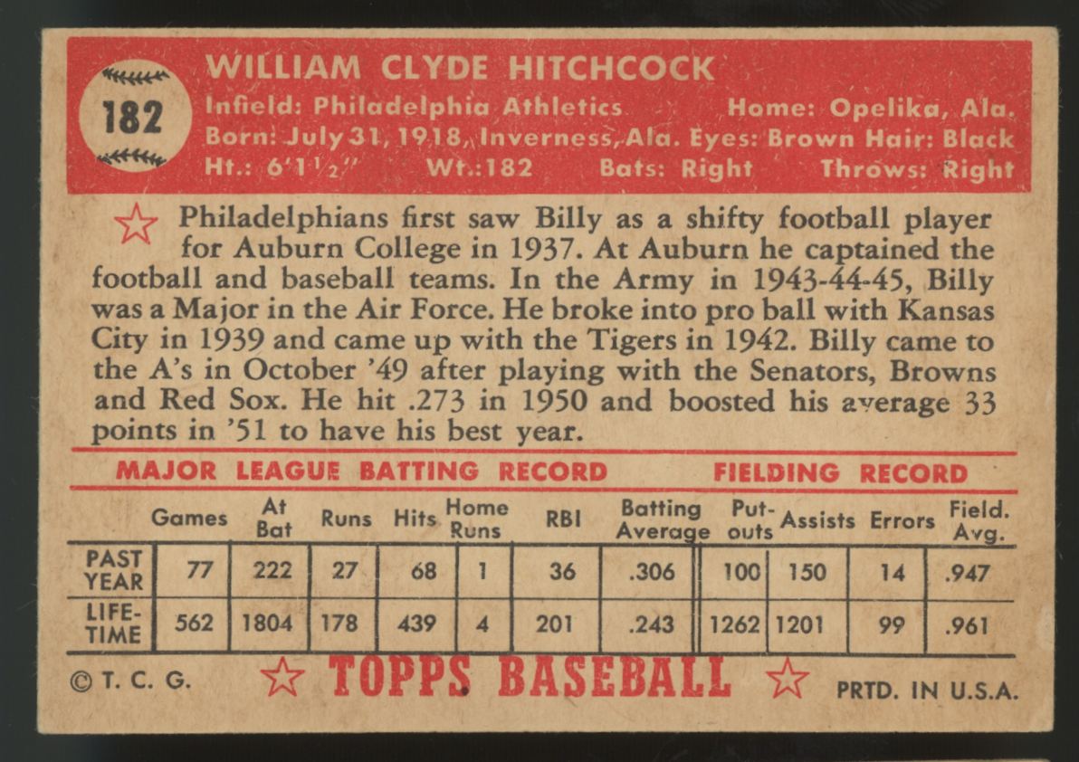 1952 Topps Billy Hitchcock #182 VG/EX