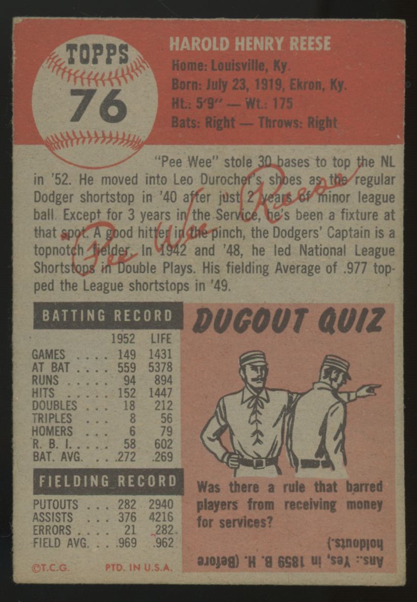1953 Topps Pee Wee Reese #76 VG