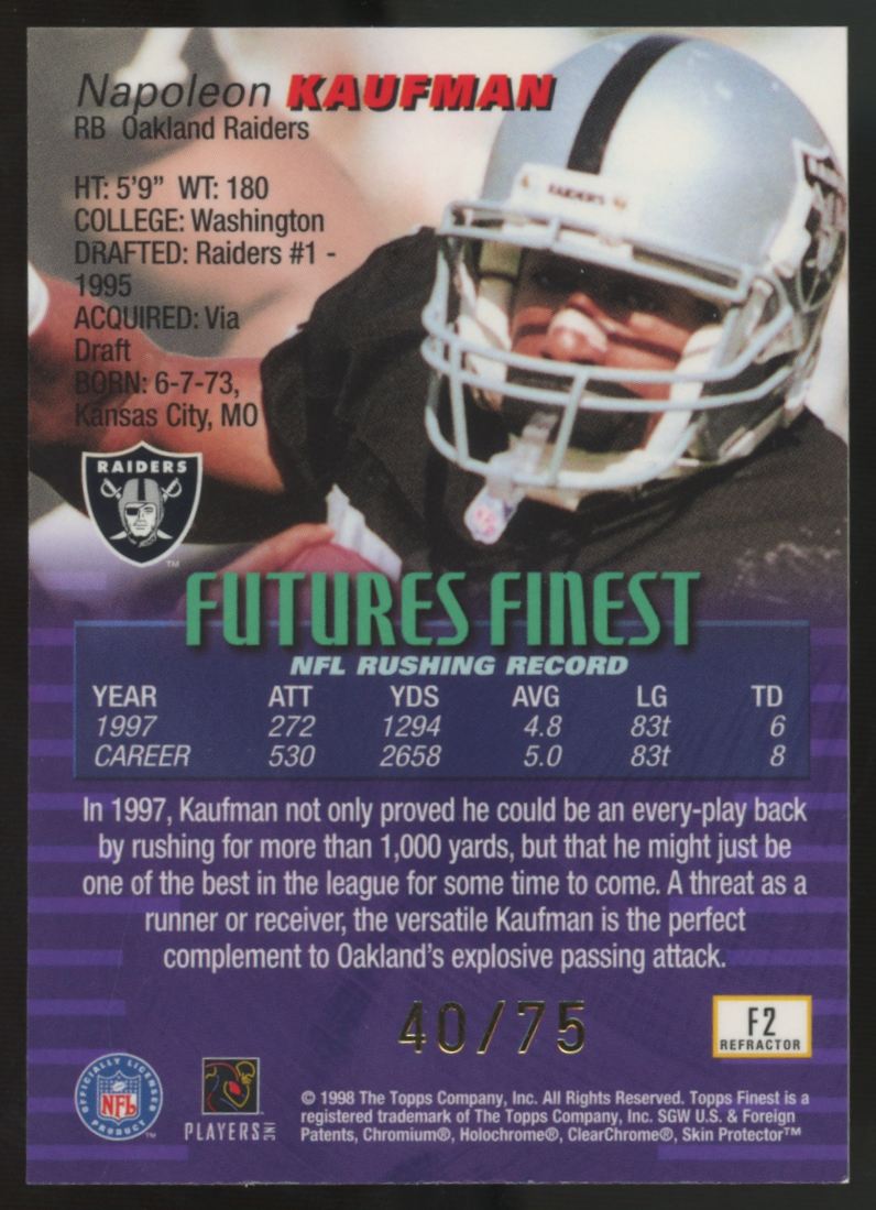 1998 Topps Finest Napoleon Kaufman Futures Finest Refractor /75 #F2